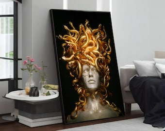 Golden Medusa: Glow of the Legend Canvas Painting, Vibrant Banksy-Inspired Wall Art, Urban Graffiti Decor, Unique Gift