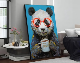 Panda with Coffee Canvas, Red Glasses Panda Wall Art, Animal Art, Wall Art Canvas Design, Ready To Hang Decoration