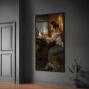A la luz del romance: el escritor de cartas: decoración de pared moderna, pintura en lienzo, arte de pared de mujer a la luz de las velas, regalo perfecto