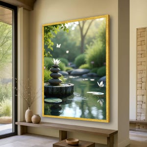 May include: A framed artwork showing a tranquil zen garden. A tower of smooth stones is crowned with a white flower, with water flowing into a pond. Butterflies are seen, all within a gold frame.