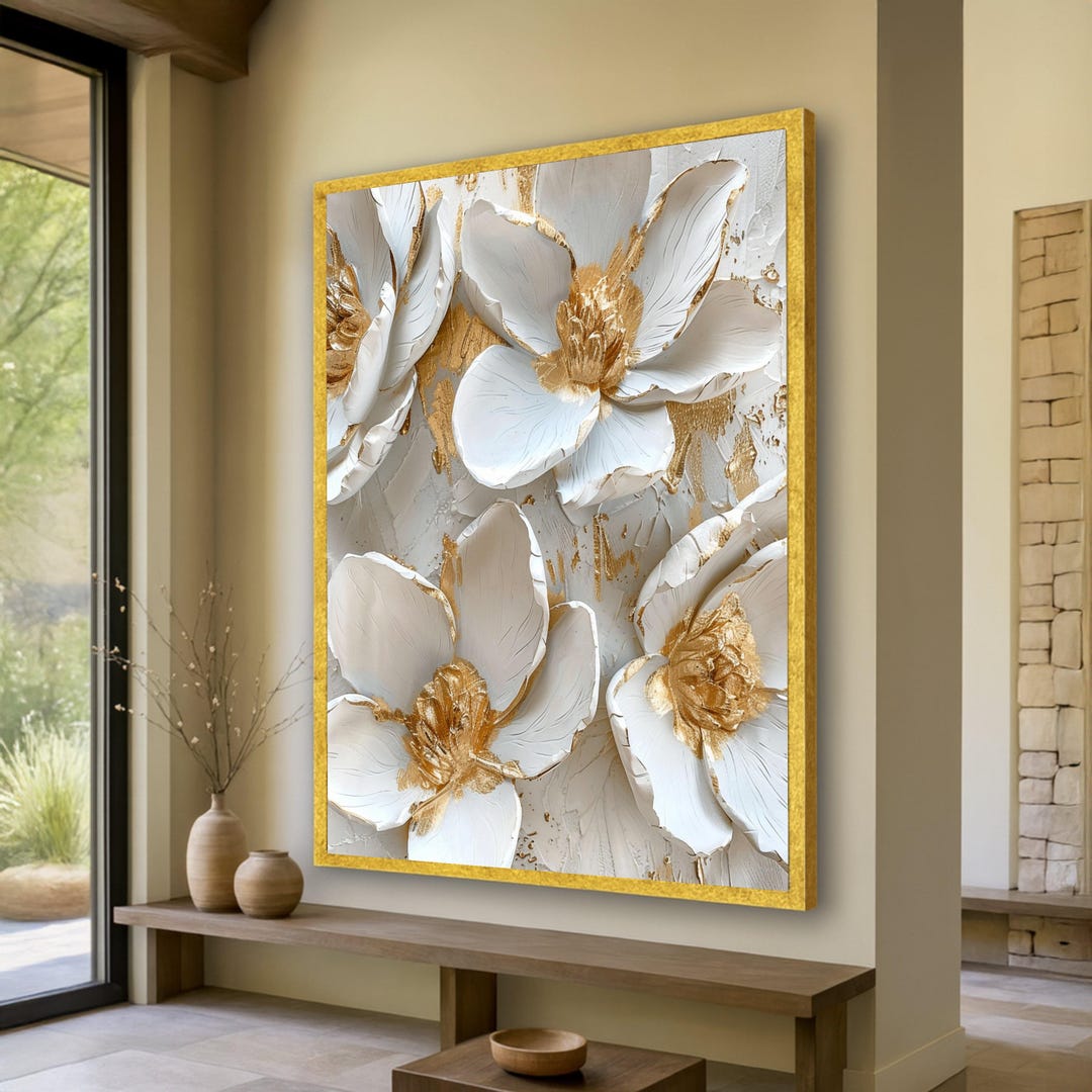 Elegant White and Gold Flowers Canvas, Textured Floral Wall Art, Modern ...