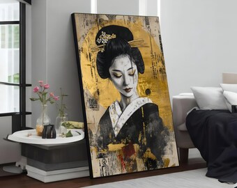 Lienzo Geisha Elegance, Arte mural asiático dorado y negro, Estilo japonés vintage, Diseño de lienzo para pared, Listo para colgar