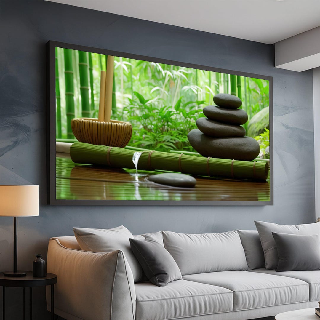 Zen Bamboo Fountain With Stacked Stones Canvas, Spa Wall Art, Green ...