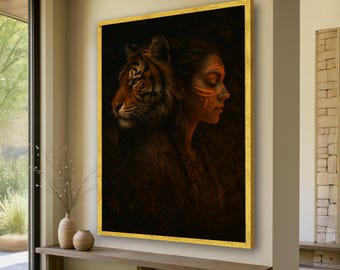 Tribal Woman and Tiger Canvas Wall Art, Mystic Animal Portrait, Ethnic Face Paint Artwork, Bold Wildlife Canvas, Bohemian Home Decor