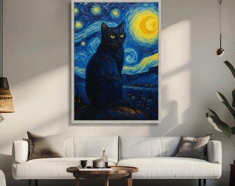 星空の夜の黒猫キャンバス、ゴッホ風の壁アート、夜空の絵画、動物愛好
