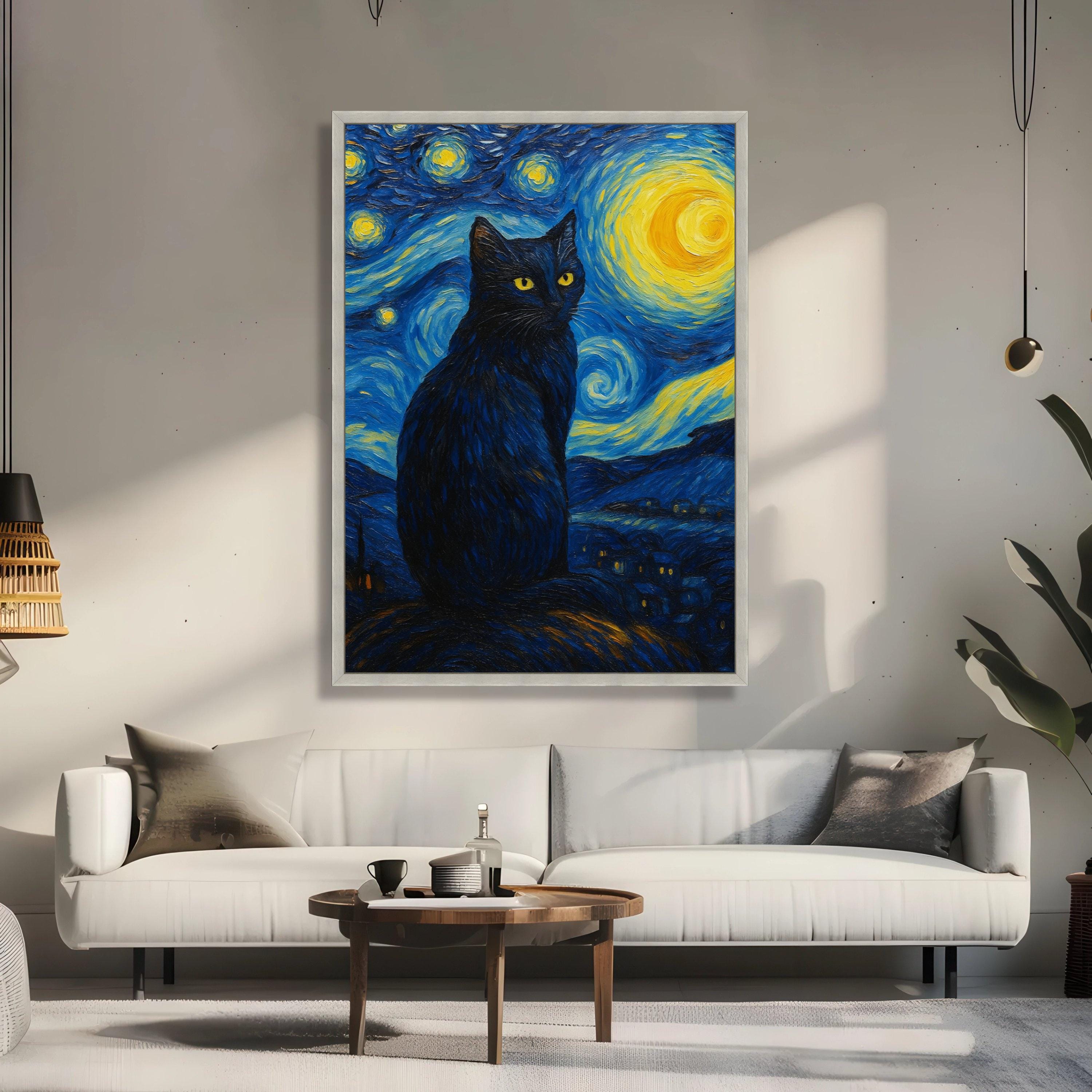 星空の夜の黒猫キャンバス、ゴッホ風の壁アート、夜空の絵画、動物愛好