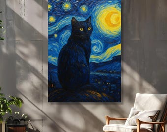 星空の夜の黒猫キャンバス、ゴッホ風の壁アート、夜空の絵画、動物愛好