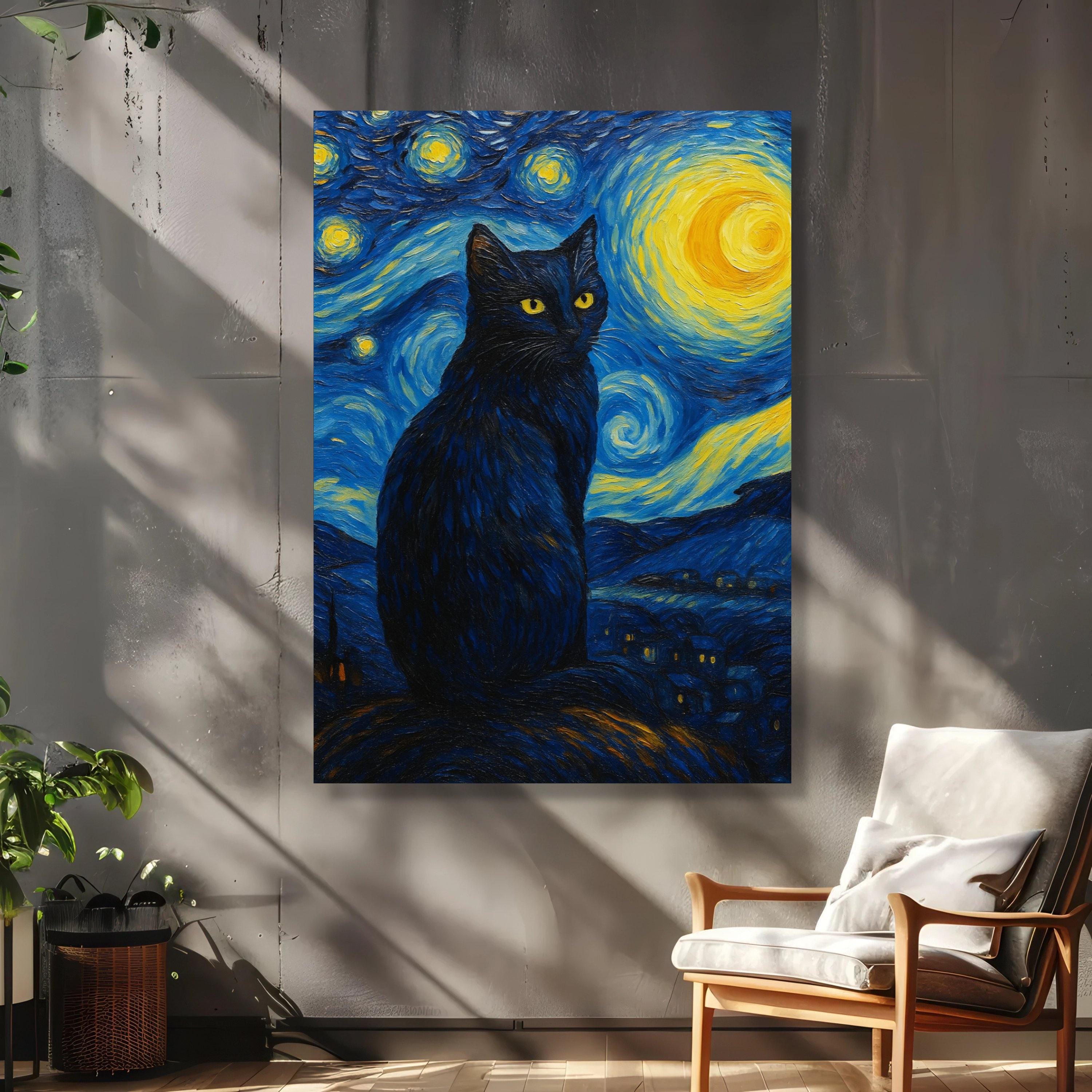 星空の夜の黒猫キャンバス、ゴッホ風の壁アート、夜空の絵画、動物愛好