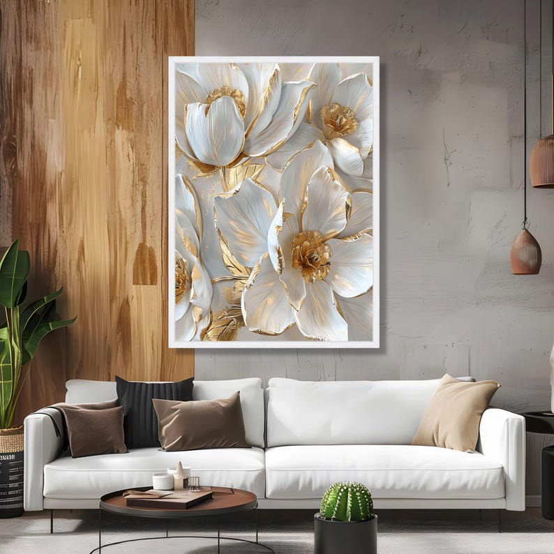 Elegant White and Gold Flowers Canvas, Luxury 3D Floral Wall Art ...
