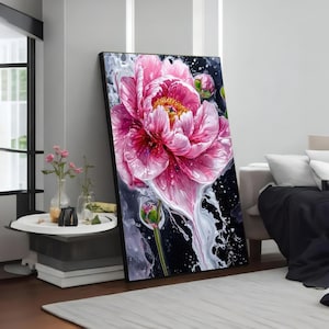 Pink Peony Canvas Wall Art, Floral Splash Art, Flower Wall Print, Nature Canvas, Wall Art Canvas Design, Ready to Hang Decoration