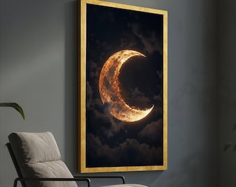Glowing Crescent Moon Canvas, Night Sky Wall Art, Celestial Bedroom Decor, Lunar Landscape Canvas, Mystical Moonlight Canvas