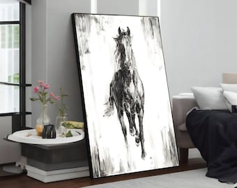 Wild Grace: Black and White Horse Painting, Elegant Canvas Wall Art, Animal Lovers Home Decor, Unique Gifts