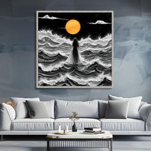 Mystical Woman Standing in Stormy Sea, Orange Moon Canvas, Dark Ocean Waves Art, Surreal Nightscape Canvas, Dramatic Wall Decor, Ready to image 5