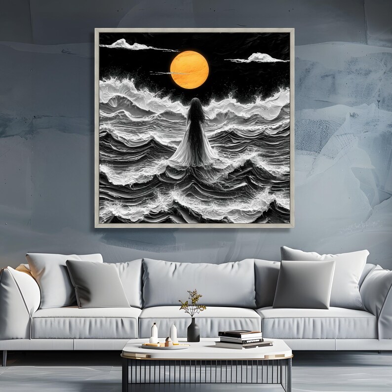 Mystical Woman Standing in Stormy Sea, Orange Moon Canvas, Dark Ocean Waves Art, Surreal Nightscape Canvas, Dramatic Wall Decor, Ready to image 5