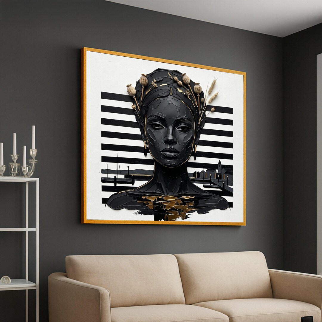 Elegant Black Woman Portrait Canvas, Gold Accents Wall Art, Modern Face ...
