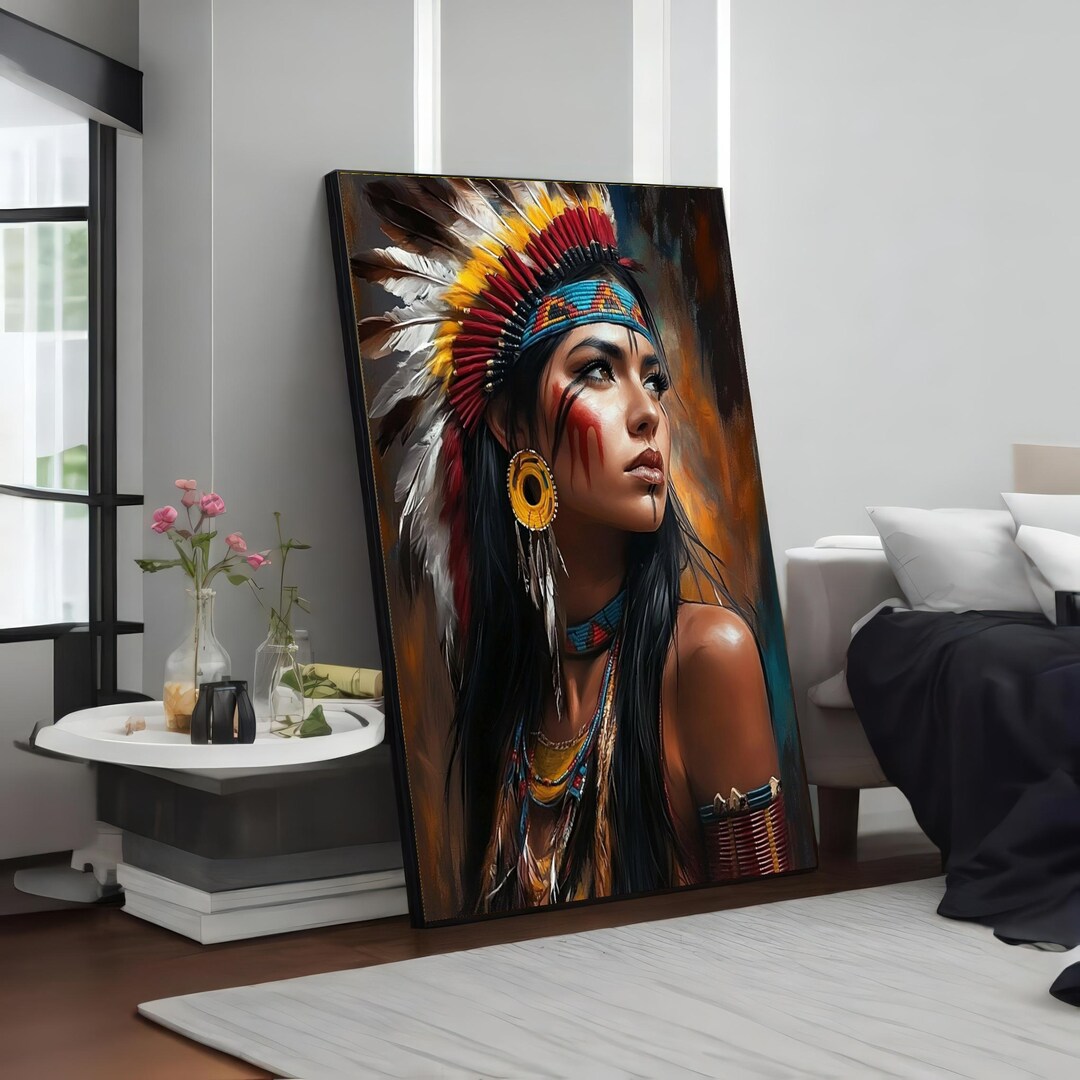 Native American Woman Canvas, Tribal Headdress Art, Ethnic Wall Art ...