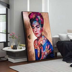 Rebellious Face of Art: Frida Graffiti Portrait Canvas Painting, Modern Wall Decor, Street Art Inspired, Unique Gift