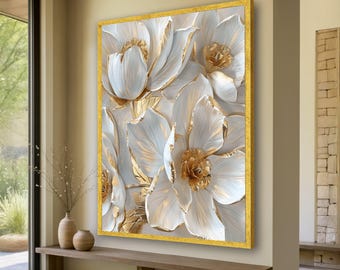 Elegant White and Gold Flowers Canvas, Luxury 3D Floral Wall Art, Textured Botanical Decor, Modern Home Decoration Canvas, Ready to Hang