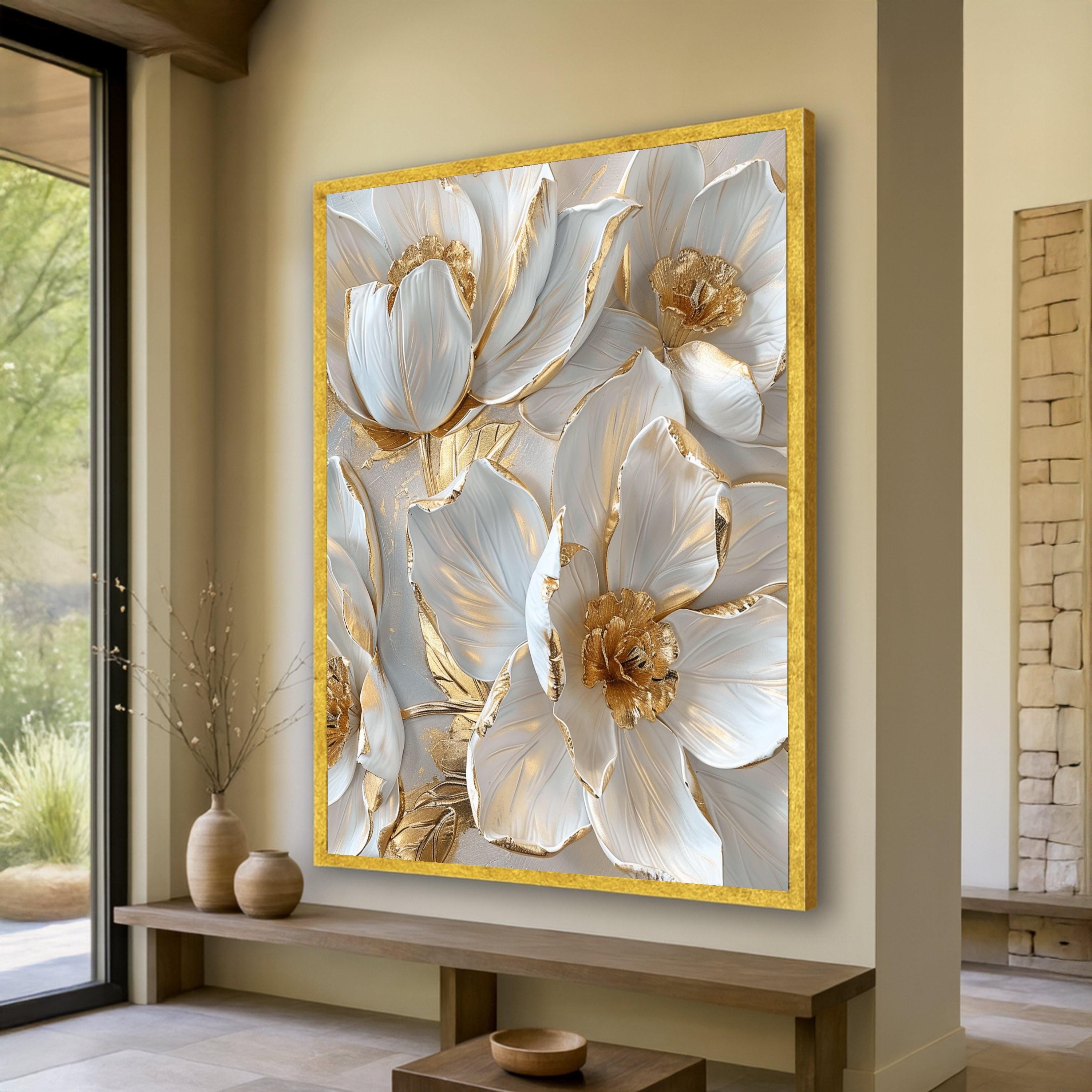 Elegant White and Gold Flowers Canvas, Luxury 3D Floral Wall Art ...