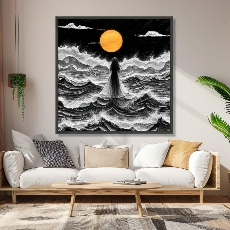 Mystical Woman Standing in Stormy Sea, Orange Moon Canvas, Dark Ocean Waves Art, Surreal Nightscape Canvas, Dramatic Wall Decor, Ready to image 4