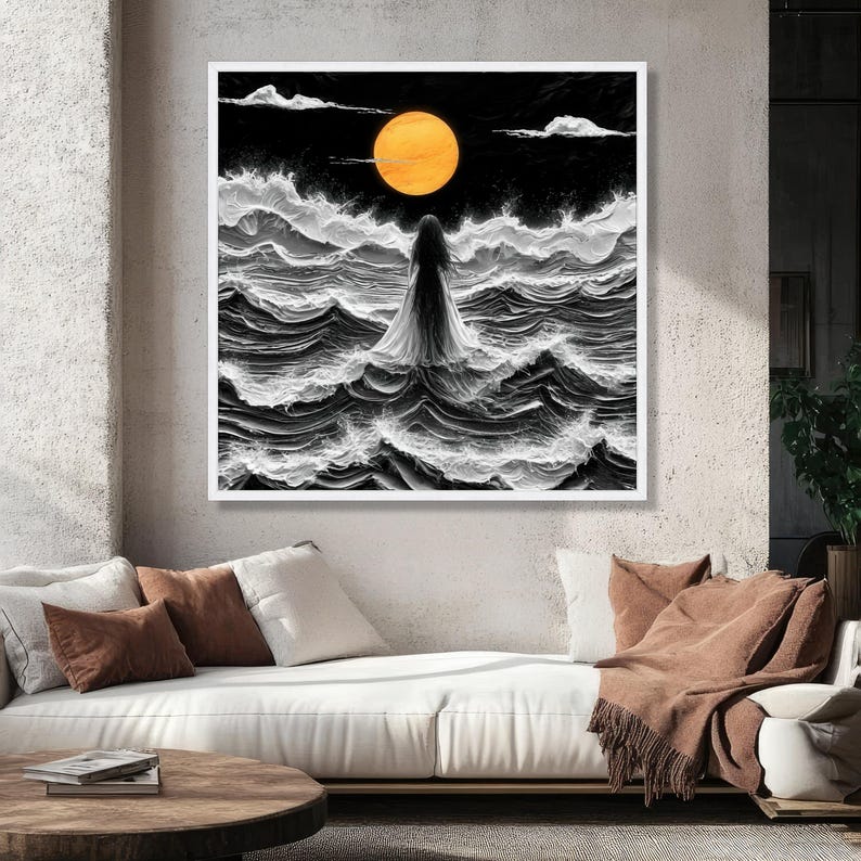 Mystical Woman Standing in Stormy Sea, Orange Moon Canvas, Dark Ocean Waves Art, Surreal Nightscape Canvas, Dramatic Wall Decor, Ready to image 6