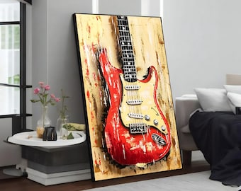 Sound of Rock'n Roll: Red Guitar Canvas Painting, Vibrant Wall Art