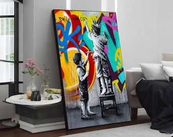 Holding Hands in Graffiti Style Canvas Painting, Modern Wall Art, Unity and Togetherness Wall Decor, Banksy Street Art, Unique Gift
