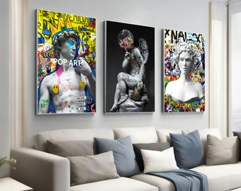 Pop Art and Sculpture Canvas Painting Set, Modern Graffiti Banksy Wall Art, Street Art Wall Decor for Home, Unique Gift