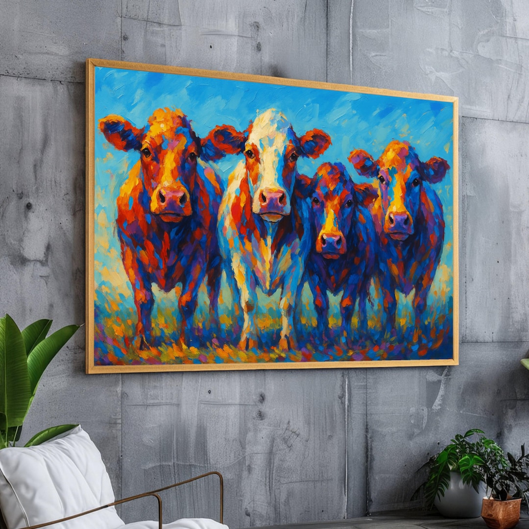 鮮やかな牛の肖像画キャンバス、カラフルな農場の動物の壁アート