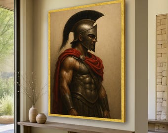 May include: A framed painting of a muscular warrior in a bronze helmet and armor, wearing a red cape. The artwork has a gold frame and is displayed in a well-lit room with a wooden bench and vases.