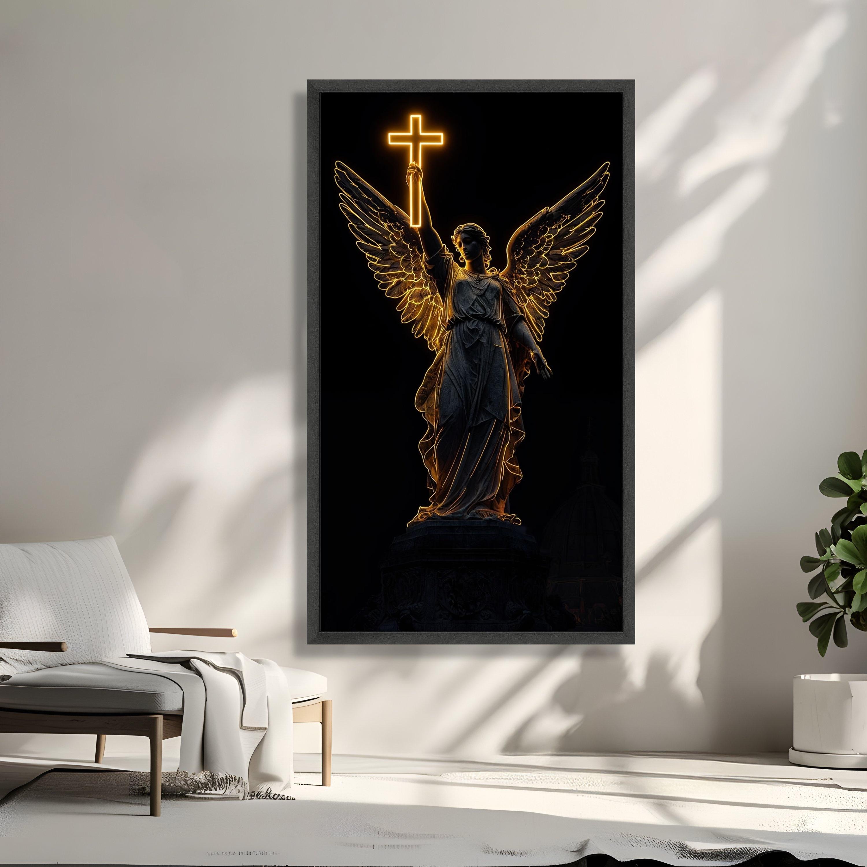 Illuminated Angel Statue With Glowing Cross Canvas, Spiritual Wall Art ...