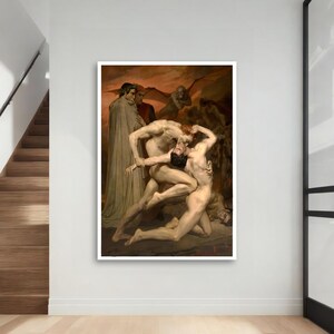 May include: A painting depicting a scene from Dante's Inferno. Two nude men wrestle in the foreground, while a figure in a red robe and a winged demon look on. The background is a fiery orange and red.