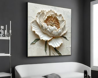 White Peony Canvas Art, Flower Wall Art, Textured Peony Print, Floral Wall Art Canvas Design, Ready to Hang Home Decoration