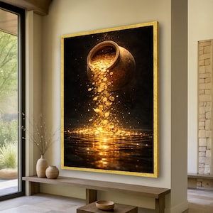 Könnte beinhalten: Ein gerahmtes Kunstwerk zeigt einen goldenen Topf, der Goldmünzen verschüttet und einen Wasserfalleffekt erzeugt. Die Münzen reflektieren das Licht und erzeugen einen schimmernden Effekt vor einem dunklen Hintergrund. Das Kunstwerk ist mit einem goldenen Rahmen versehen.