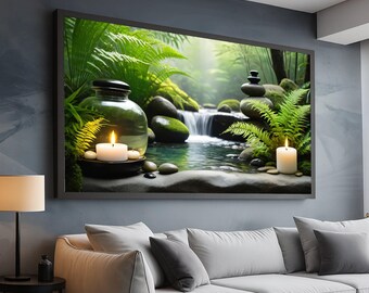 Tranquil Zen Garden Canvas, Waterfall and Candle Light, Spa Ambiance Wall Art, Relaxing Nature Scene Canvas, Home Decor Serenity Design