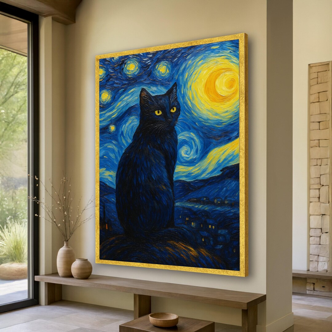 星空の夜の黒猫キャンバス、ゴッホ風の壁アート、夜空の絵画、動物愛好
