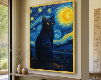 絵画。原画☆キャンバス F10【夜、黒猫が星を抱いて願い事をする】 星空の夜の黒猫キャンバス、ゴッホ風の壁アート、夜空の絵画、動物愛好