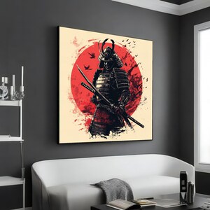 Samurai Warrior Canvas, Japanese Art Print, Samurai Poster, Red Circle Design, Wall Art Canvas, Ready To Hang Home Decor