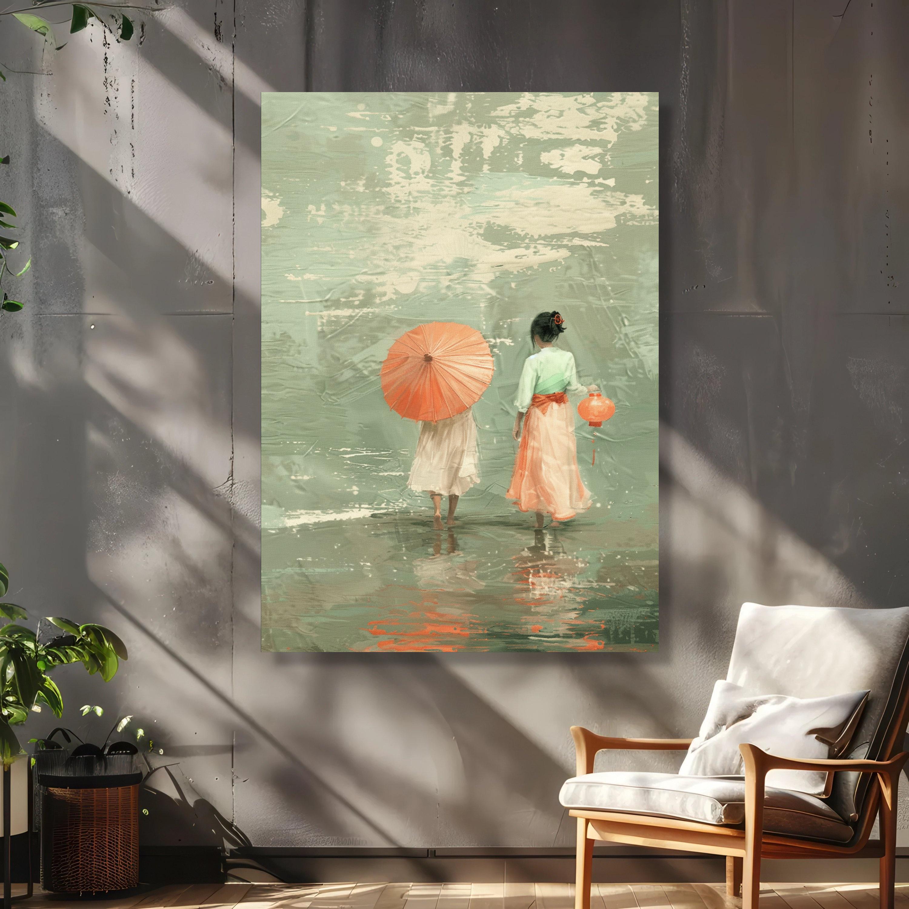 Tranquil Stroll With Red Umbrella and Lantern, Asian Inspired