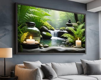 Zen Garden Waterfall Canvas, Spa Decor Wall Art, Relaxing Nature Scene, Candle and Stones Canvas, Meditation Room Decoration