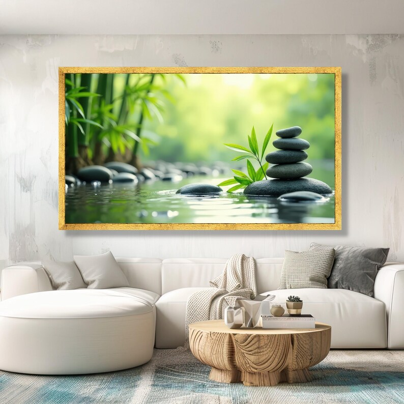 Zen Stone Stack With Green Bamboo Leaves Canvas, Serene Water ...