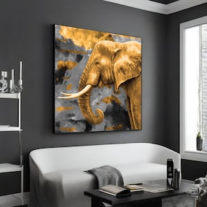 Royal Stance: Gold and Gray Elephant Portrait, Hand-Painted Canvas Animal Wall Art, Unique Home Decor, Perfect Gift