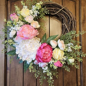 Spring or Summer Peony & Rose Grapevine Wreath | Front Door Decor | Summer Floral Wreath | Faux Flower Wreath | Cottage Charm | Inside Decor