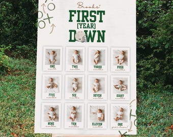 First Year Down 12 Months Birthday Photo Sign, Twelve Monthly Milestone Poster, Football Decor Printable, Editable Instant Download - Brooks