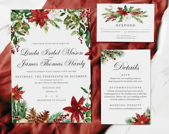May include: A set of wedding stationery featuring a floral design with red poinsettias, green foliage, and pinecones. The invitation includes the names "Linda Isabel Mason and James Thomas Hardy" and event details. The RSVP and details cards are also included.