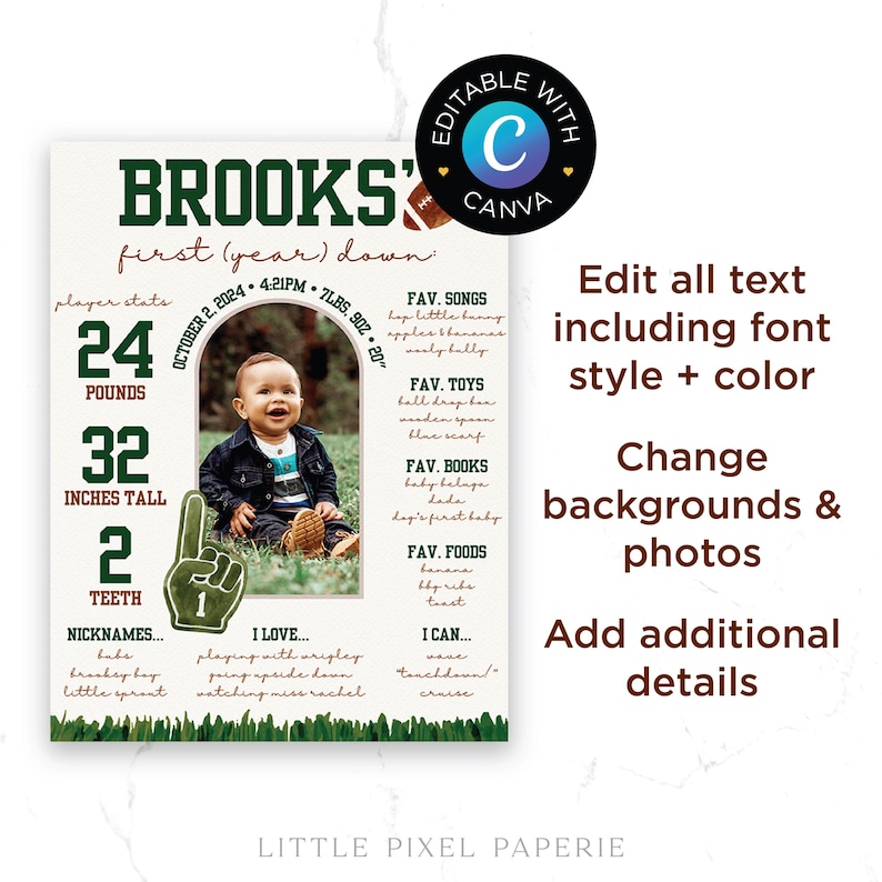 May include: Editable first year milestone printable for a baby boy. The printable features a green and white football theme with a photo of the baby. The text includes the baby's name, Brooks, and his stats at one year old: 24 pounds, 32 inches tall, and 2 teeth. The printable also includes a list of the baby's favorite songs, toys, books, and foods.