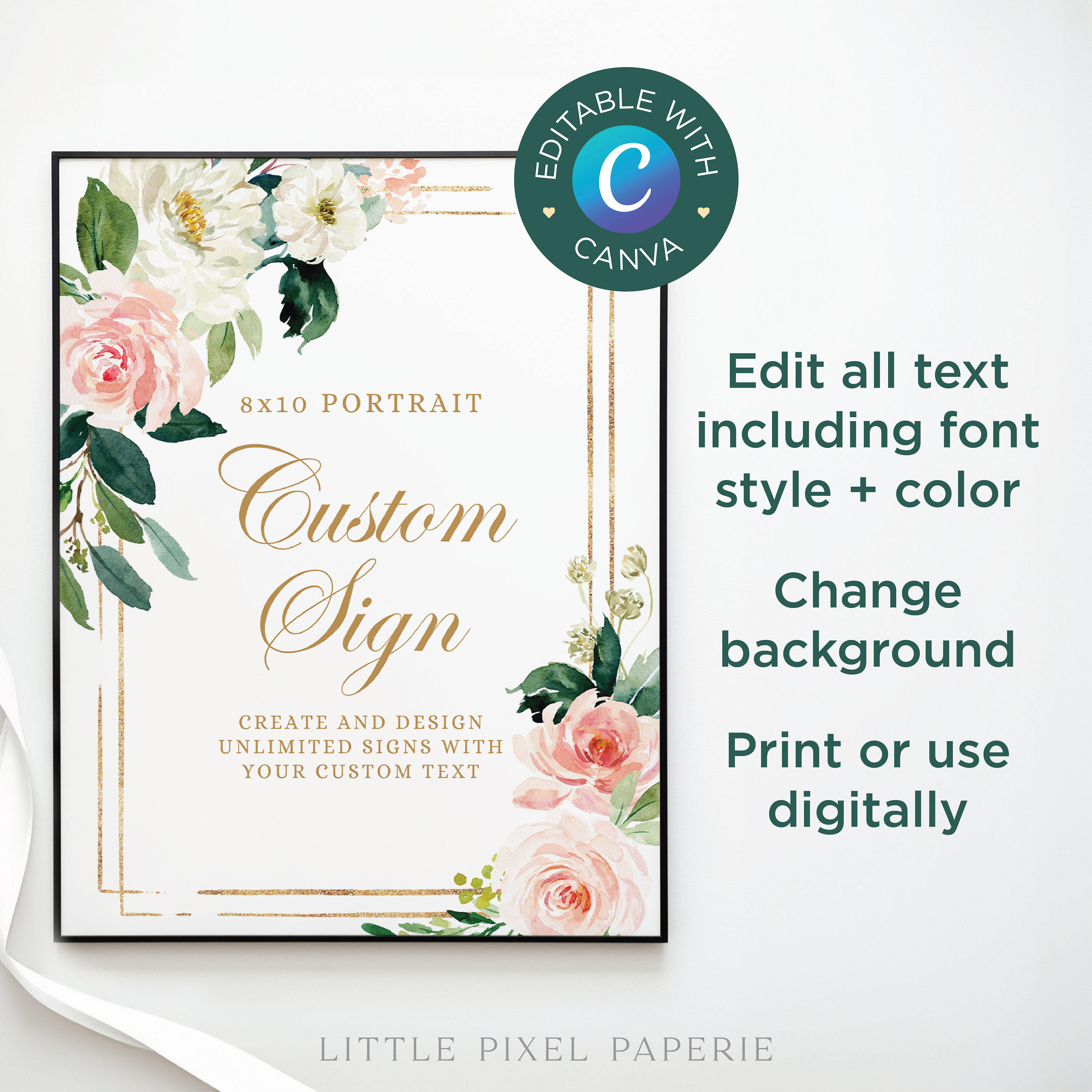 Custom Wedding Sign Template, Floral Rectangle Wedding Sign Kit, Create ...