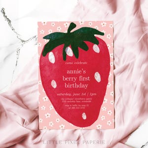 Modèle d'Invitation de premier anniversaire de baies, invitation de fête d'anniversaire pour le 1er anniversaire de pique-nique de printemps de shortcake aux fraises modifiable, téléchargement immédiat - Scarlett