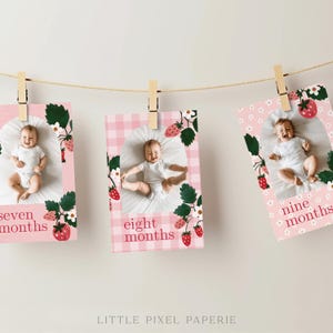 Bannière photo pour le premier anniversaire des baies, cartes d'étape mensuelle, décoration de banderoles sablées aux fraises, téléchargement de panneau de chaise haute - Scarlett