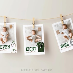 Banner de foto de aniversário de primeiro ano, cartões de marco mensal, decoração de bandeirinhas de futebol, placa de cadeira alta, download instantâneo editável - Brooks